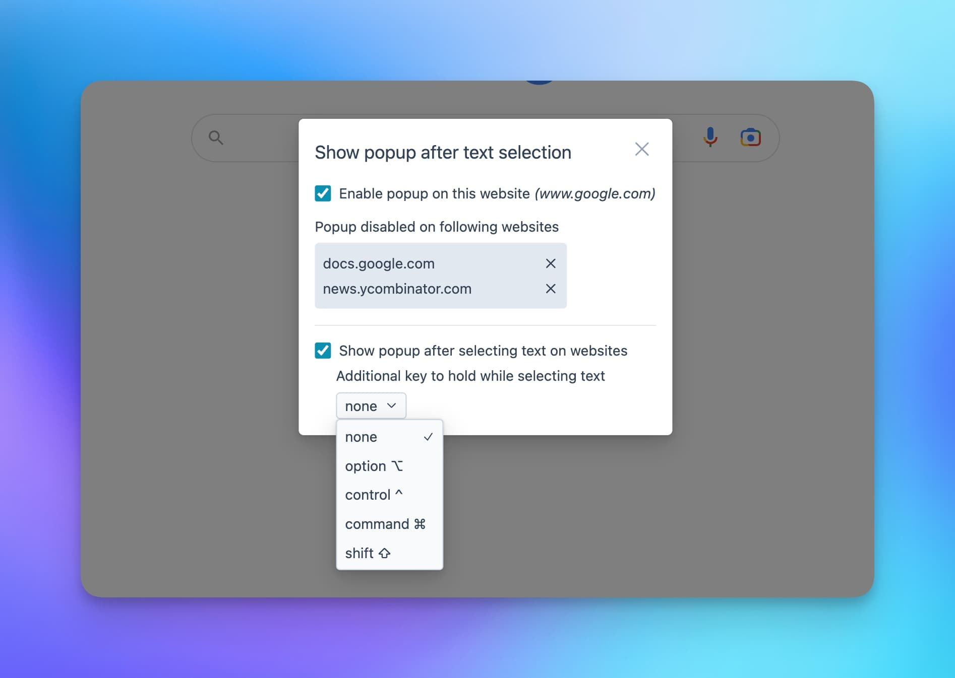 popup settings